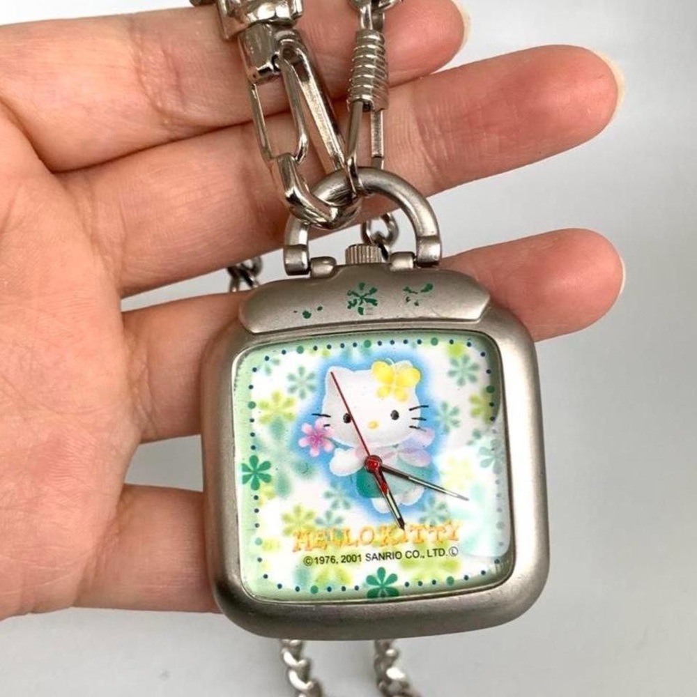 Sanrio Hello Kitty Silver-Tone Floral Pocket Watch Y2K